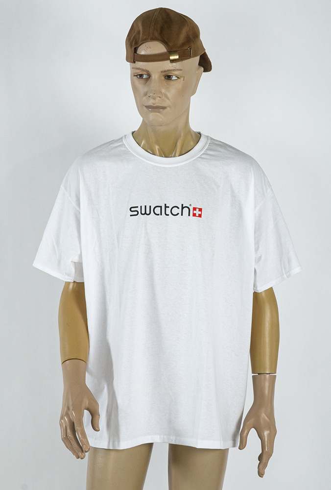 Weisses T-Shirt mit Swatch-Logo bedruckt – Juerg Siegrist AG Werbeartikel