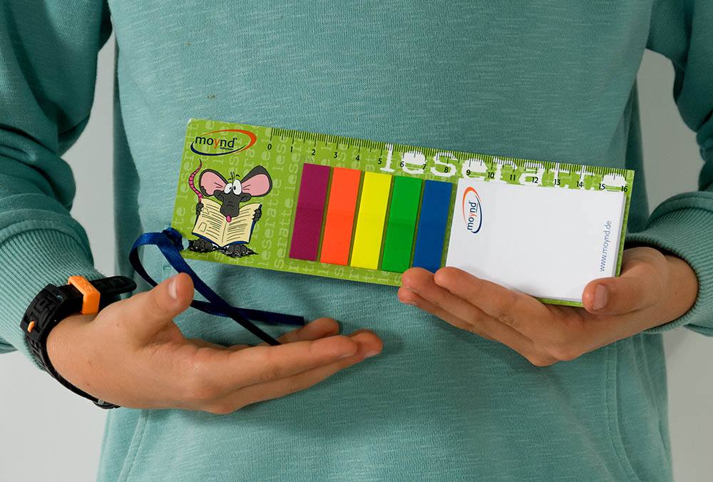 Lesezeichen mit Haftnotizen und Werbung, Juerg Siegrist AG