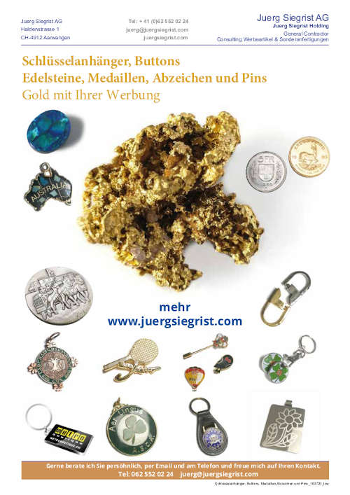 Werbeartikel-Katalog "Schlüsselanhänger, Buttons, Edelsteine, Medaillen, Abzeichen und Pins" – Juerg Siegrist AG