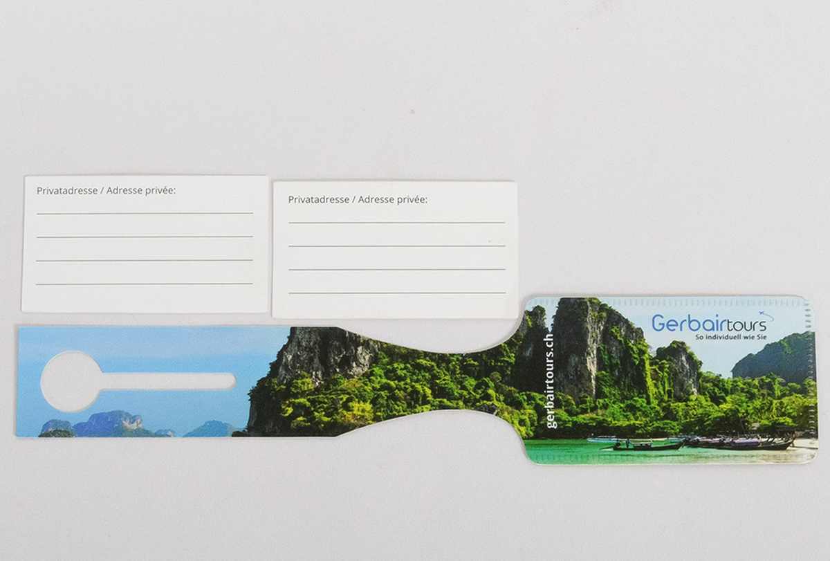 Gerbair-Tours Kofferhänger aus Tyvek bedruckt – Juerg Siegrist AG Werbeartikel