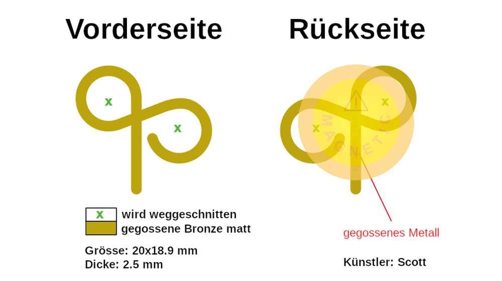 Skizze eines individuellen Metallabzeichens/Pins in K-Form als Werbeartikel