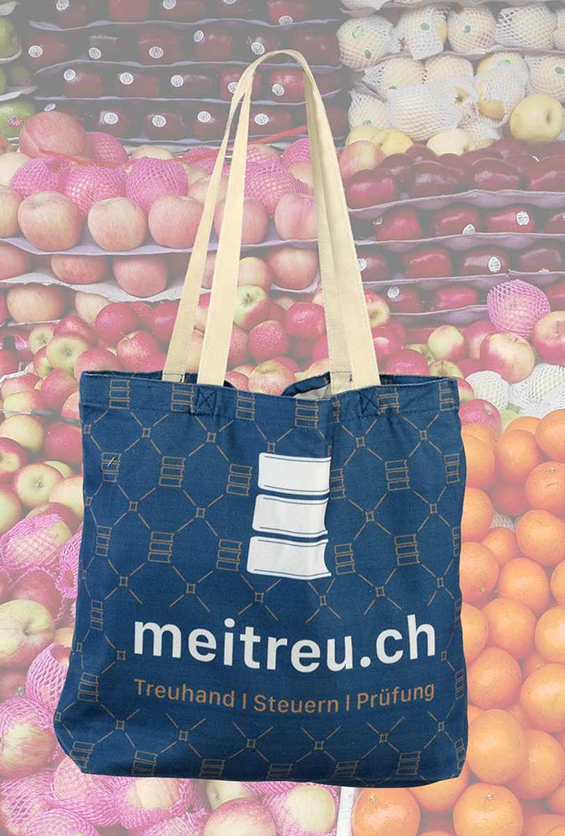 Baumwolltasche als Sonderanfertigung bedruckt für Meitreu –Juerg Siegrist AG Werbeartikel