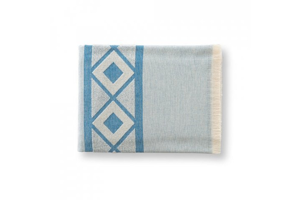 Blau-weisses Hamam Badetuch 100 × 180 cm mit geometrischem Muster, hochwertiges Baumwolltuch für individuelle Firmenwerbung - Gefaltet, Draufsicht